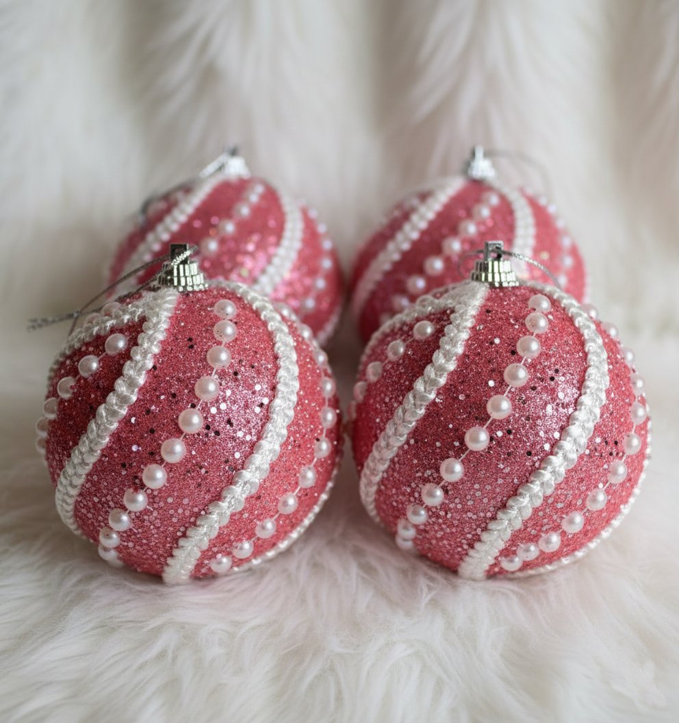Set of 4 Pink Pearl Swirl Christmas Tree Baubles – Glitter Hanging Ornaments