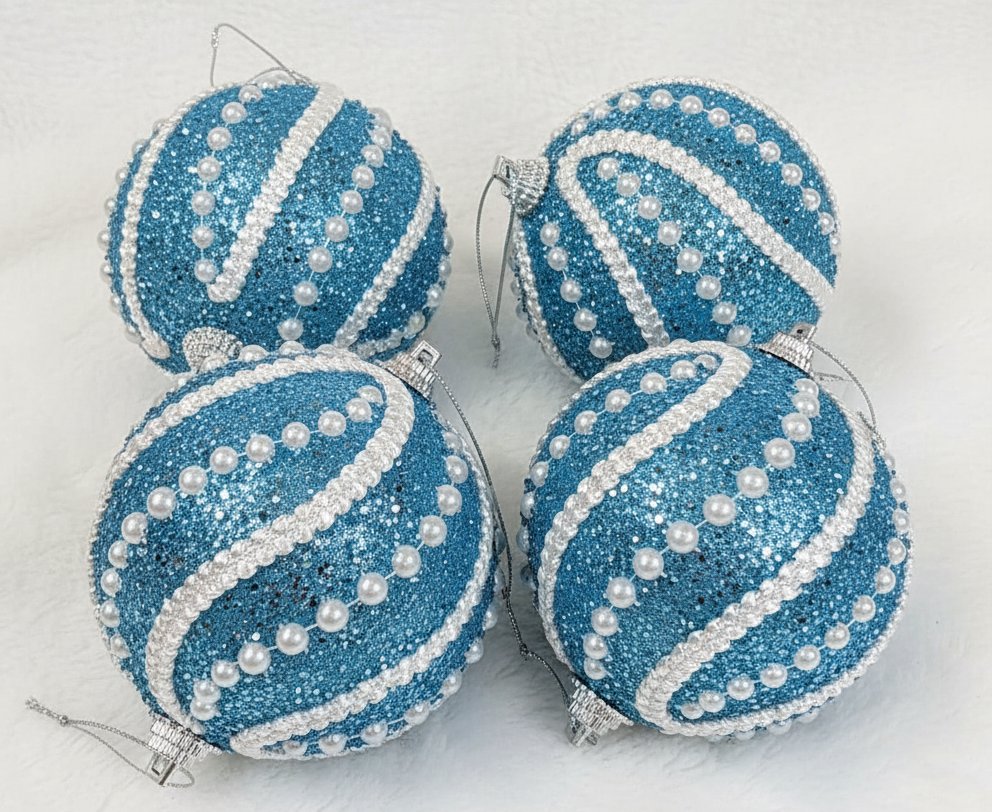 Set of 4 Light Blue Pearl Swirl Christmas Baubles – Glitter Hanging Ornaments