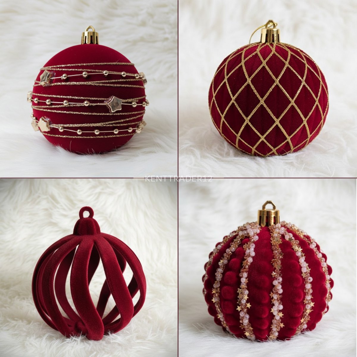 Luxury Red Velvet Christmas Baubles – Pack of 4 Mixed Designs, Gold Detail